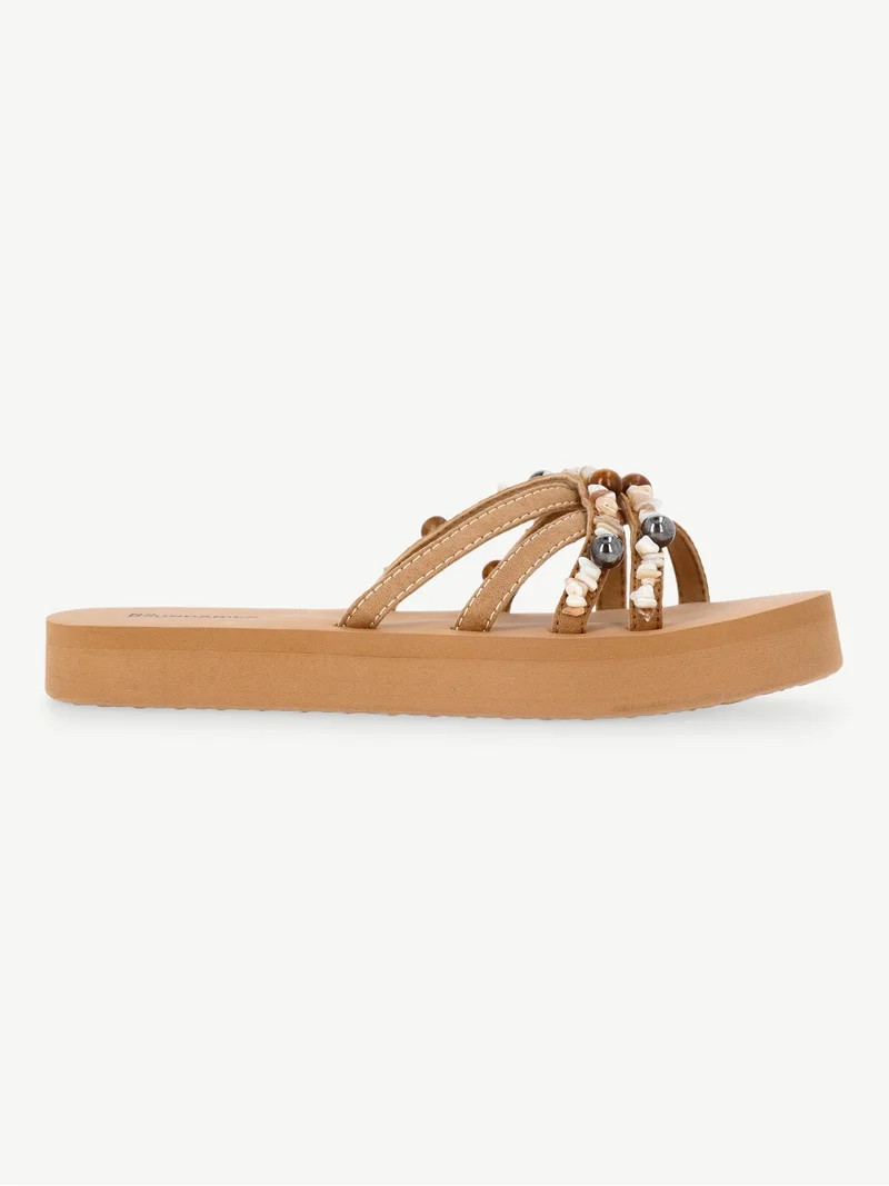 No Boundaries Faux Suede Flip Flop Sandals with Shell Embellishments, Women's | Walmart (US)
