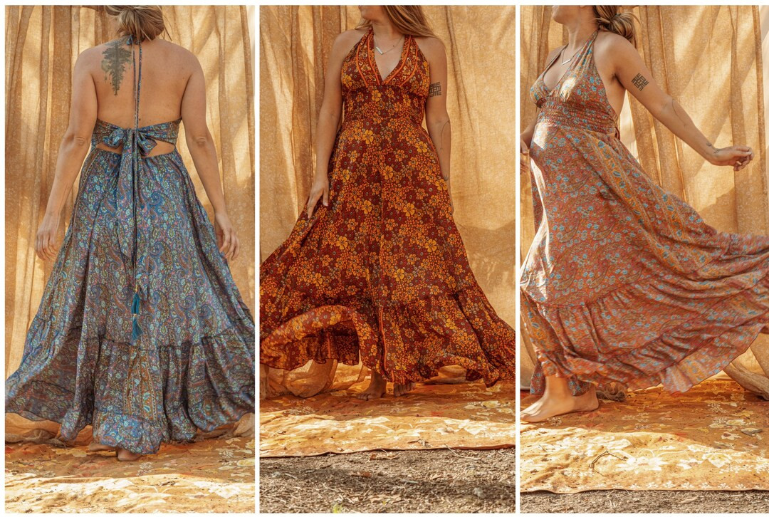 Boho Hippie Retro Silk Maxi Dress, Floral Tie Back dress, full length flowy dress gown XS-2X 6 Co... | Etsy (US)