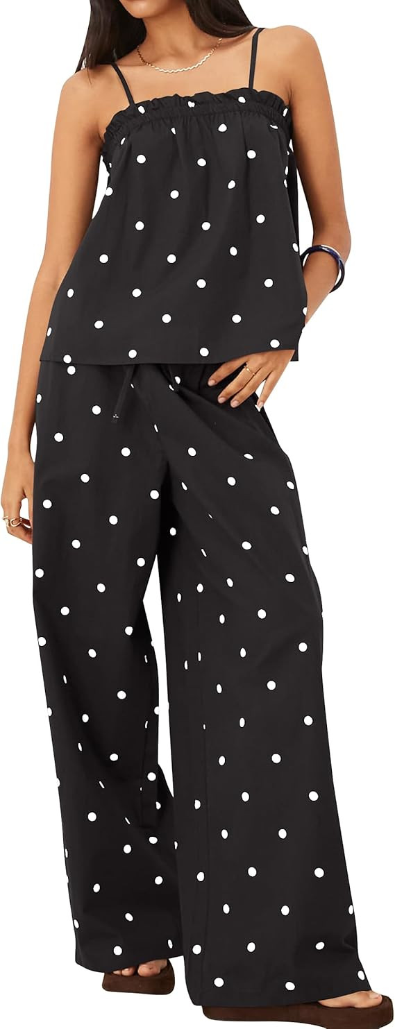 Women 2 Piece Polka Dot Outfits Summer Casual Spaghetti Strap Cami Top Wide Leg Pants Matching Lo... | Amazon (US)