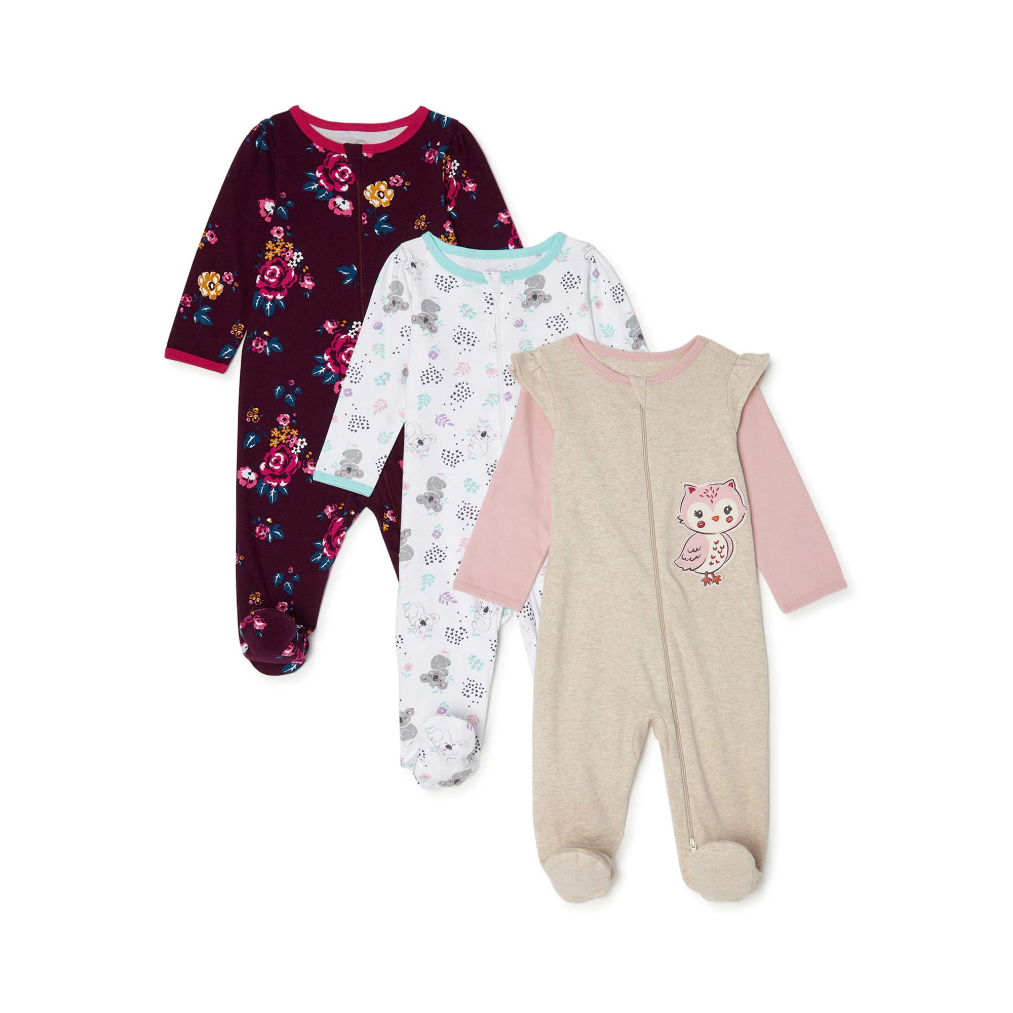 Wonder Nation Baby Girl Cotton Inverted Zipper Sleep 'N Play Pajamas, 3-Pack | Walmart (US)