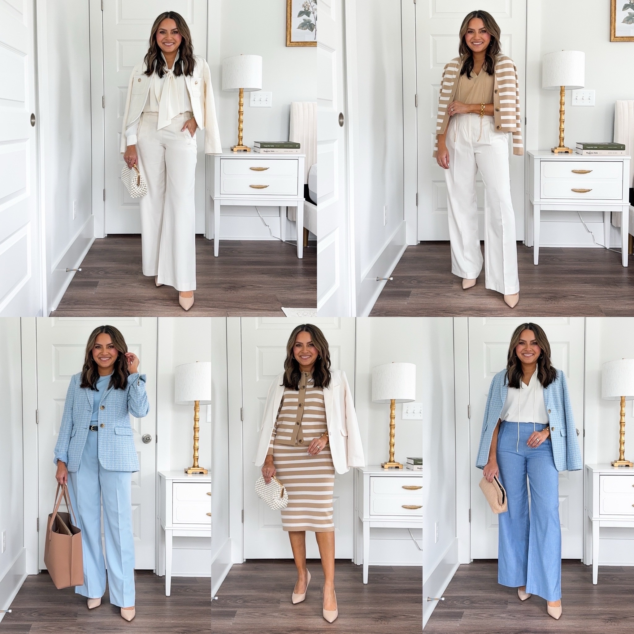 White Tie Neck Blouse size XXS Petite TTS 
White tweed jacket size 0 petite TTS White Sailor Wide Leg Pants size 2 Petite TTS 
Nude heels size 5 TTS 

Tan and white striped cardigan size XS petite TTS 
Tan blouse size XXS TTS 
White Pleated Wide Leg Pants size 0 Petite - sized down a size 
Nude heels size 5 TTS 

Light blue tweed blazer size 0 petite TTS 
Light blue sweater tee size XS petite TTS 
Light blue wide leg pants size 0 petite - sized down a size 
Nude heels size 5 TTS 

White blazer - size xxs petite, Linking Similar Tan and white striped cardigan size XS petite TTS Tan stripe pencil skirt size S petite TTS - usually size 2/26 petite 
Nude heels size 5 TTS 

Light blue tweed blazer size 0 petite TTS 
White blouse size XXS petite TTS Blue wide leg pants size 0 petite TTS 
Nude heels size 5 TTS

Spring outfits 
Workwear 
Spring office outfits 
Spring style 
Spring trends 
Blazer 
Trousers 

#LTKstyletip #LTKSeasonal #LTKworkwear