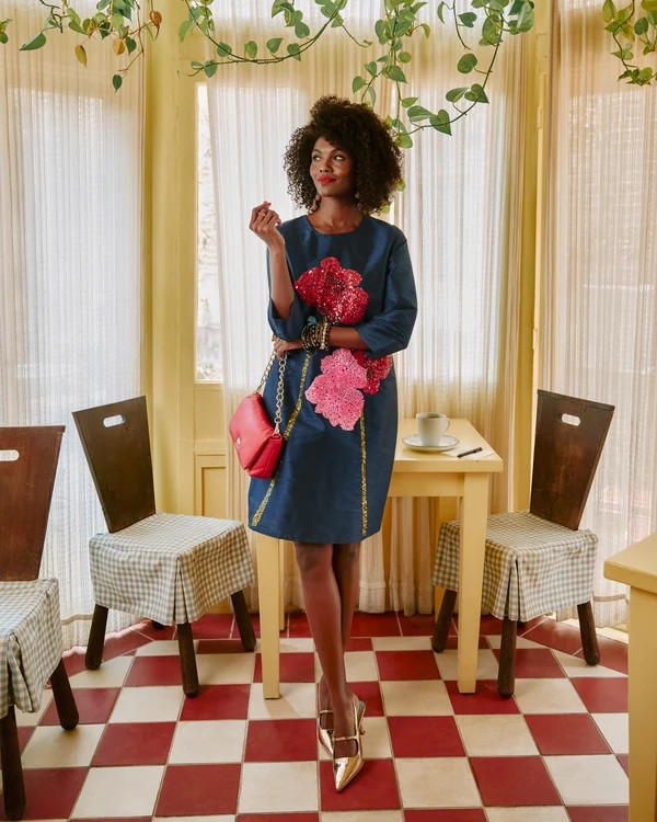 Sleeved Alice Shift Dress - Navy | Frances Valentine