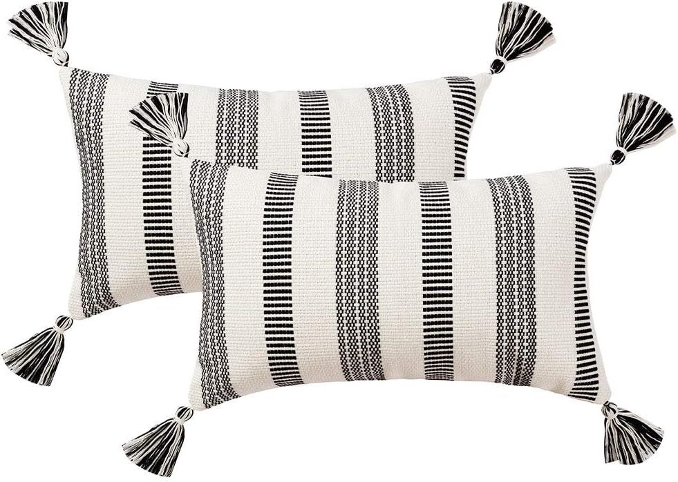 blue page Set of 2 Cotton Woven Lumbar Throw Pillow Covers, Black White Stripe Neutral Pillow Cas... | Amazon (US)