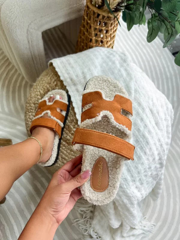 NEW!! Teddy Velcro Slides in Camel | Glitzy Bella