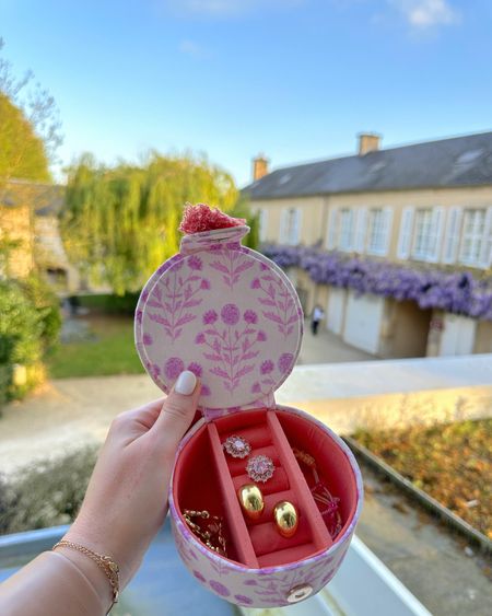 Mini block print jewelry box that I brought with me to France! Perfect size for travel jewelry storage 💫 #jewelrybox #earrings #statementearrings 

#LTKfindsunder50 #LTKitbag #LTKtravel