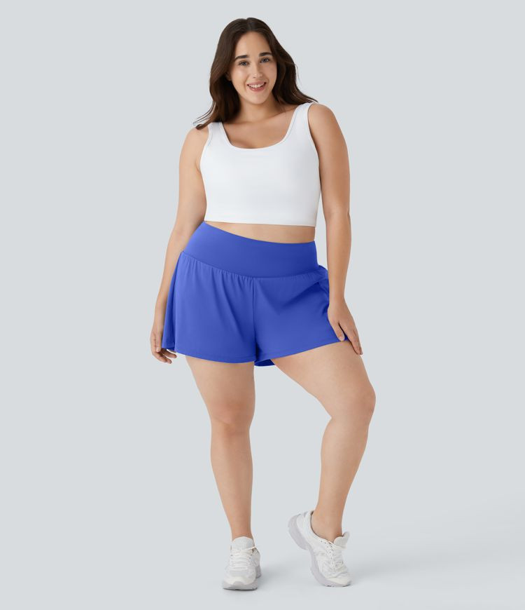 Women’s Super High Waisted Back Pocket & Side Hidden Pocket 2-in-1 Yoga Plus Size Shorts 4''-Lo... | HALARA