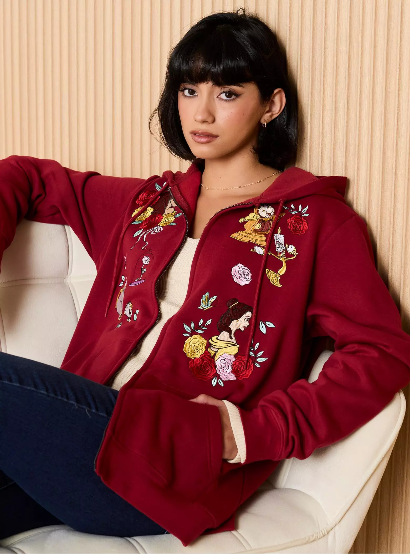 Disney Beauty and The Beast Embroidered Characters Zippered Hoodie - BoxLunch Exclusive | BoxLunch