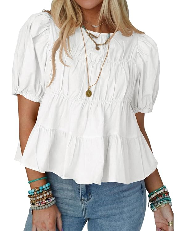 Tankaneo Womens Puff Sleeve Peplum Babydoll Tops Summer Smoked Pleated Cotton T-Shirts Casual Loo... | Amazon (US)