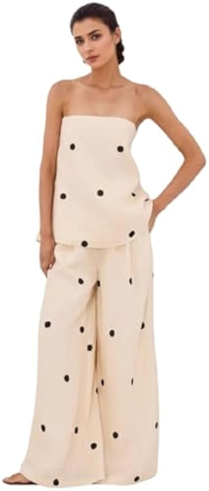 2 Piece Sets for Women Polka Dot Tube Top Strapless High Waist Wide Leg Pants Lounge Women Vacati... | Amazon (US)
