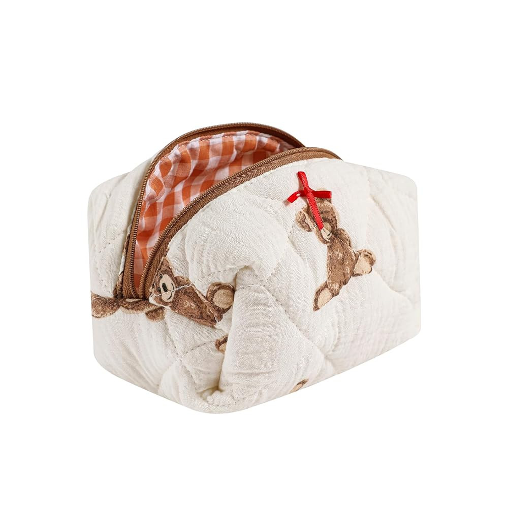 Cute Small Floral Cotton Makeup Bag, Quilted Zipper Pouch with Coquette Bear for Women and Girls,... | Amazon (US)