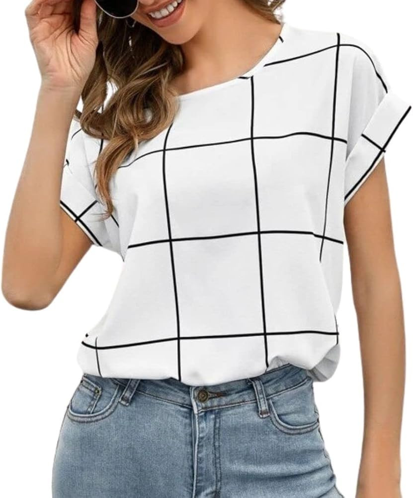 Kwoki Women's Casual Short Sleeve Plaid Shirt Round Neck Roll Up Sleeved Blouse Tee Top | Amazon (US)