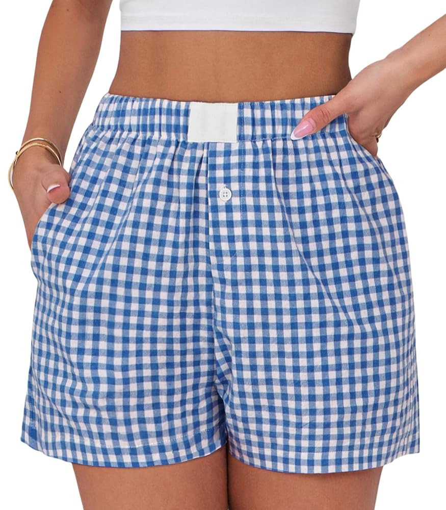 Womens Boxer Shorts Cotton Summer Casual Pajama Y2K Sleep Gingham Plaid Shorts Bottom with Pocket... | Amazon (US)