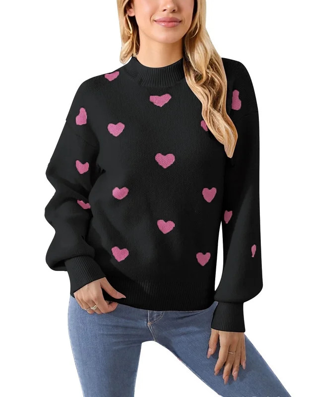 Drvitor Valentines Sweaters for Women Mock Neck Lantern Sleeve Cute Heart Sweater Casual Loose Kn... | Walmart (US)