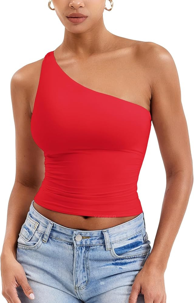 YEOREO Womens One Shoulder Tops Sleeveless Going Out Tank Top Fanciy Double Lined Cropped Tee Y2K... | Amazon (US)