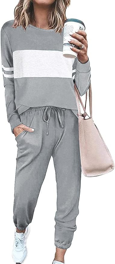 PRETTYGARDEN Women's Color Block 2 Piece Tracksuit Crewneck Long Sleeve Tops Long Sweatpants Outf... | Amazon (US)
