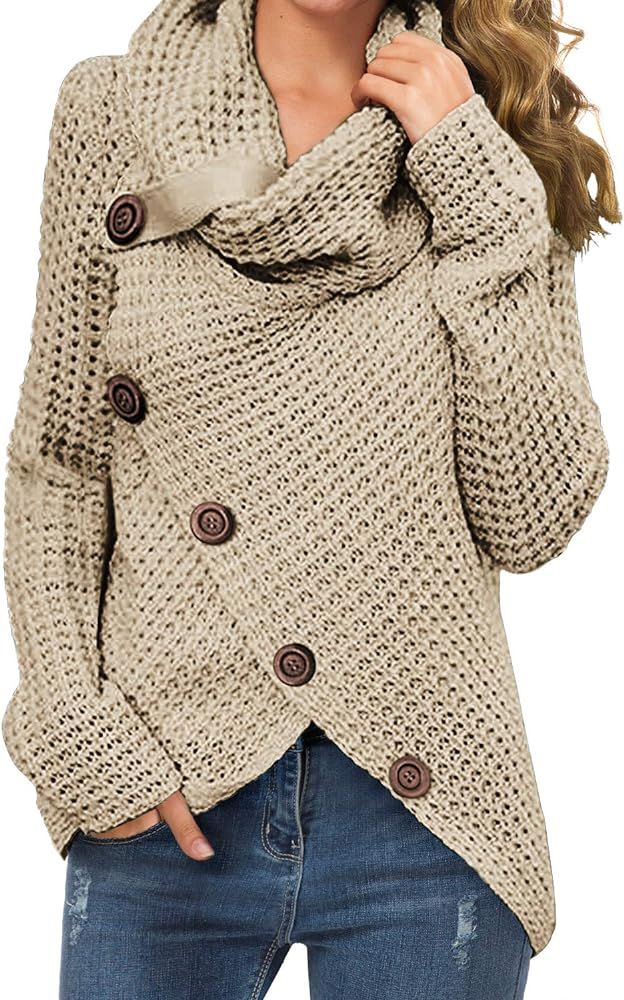 GRECERELLE Women's Solid Color Chunky Button Pullover Sweater Turtle Cowl Neck Asymmetric Hem Kni... | Amazon (US)