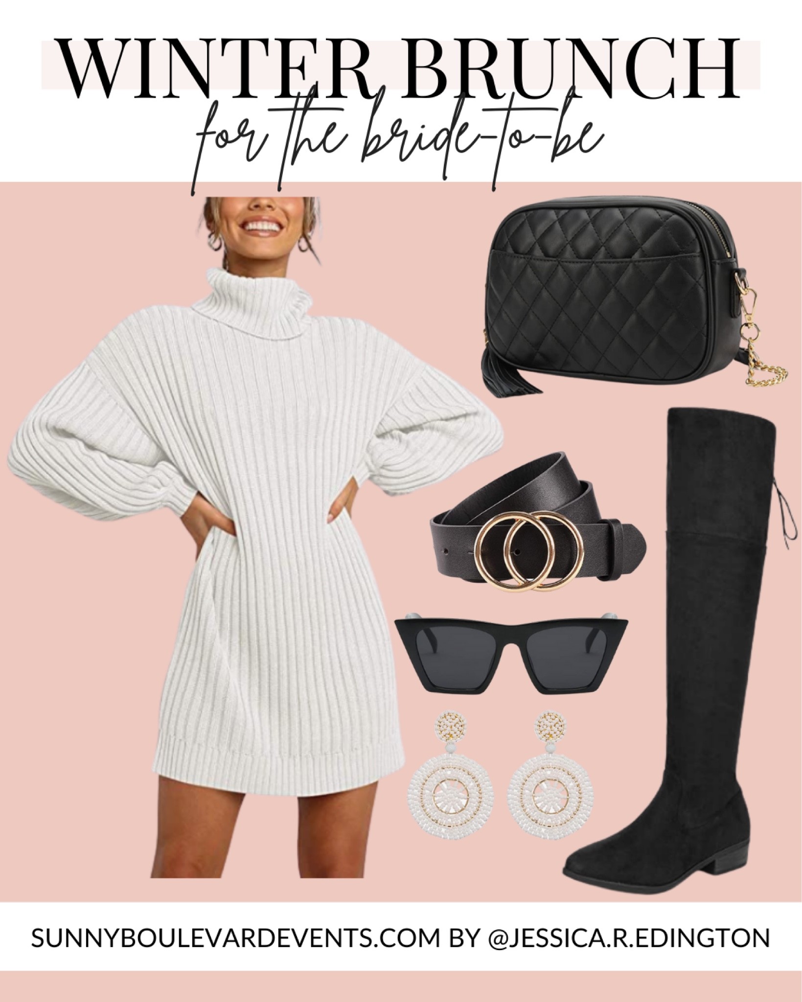 Looking for cute brunch outfit ideas for a winter bachelorette party? Check out this cute white sweater dress that is perfect for the bride-to-be! Featuring black over-the-knee boots (OTK boots), black belt, white beaded earrings, and black and gold quilted purse, and black square sunglasses, all available from Amazon. This cute and casual winter or fall white outfit idea is perfect for the bride to wear to a winter bach party, rehearsal dinner, bridal shower, and more. #winterbachelorette #sweaterdress #amazonfinds #founditonamazon #amazoninfluencer #amazonbachelorette #whiteoutfitideas #bridetobe #whitedress

#LTKunder100 #LTKunder50 #LTKwedding