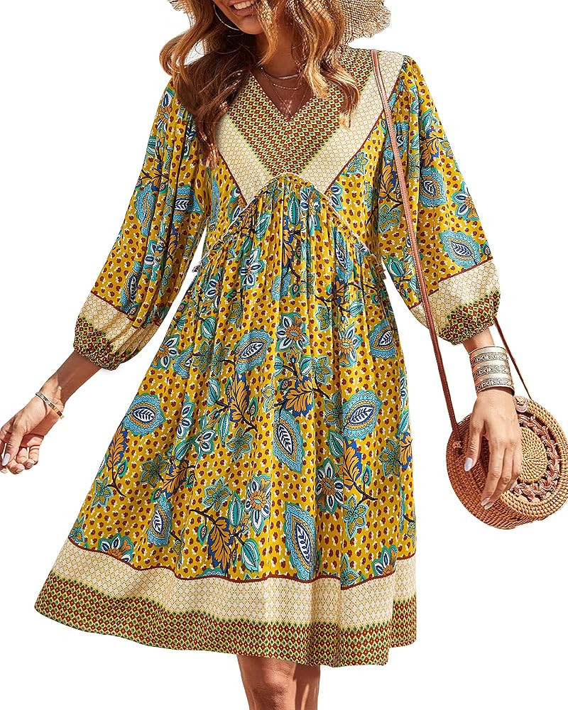 BTFBM Women Casual Spring Summer Dresses V Neck 3/4 Long Sleeve Ruffle Floral Flowy Boho Babydoll... | Amazon (US)