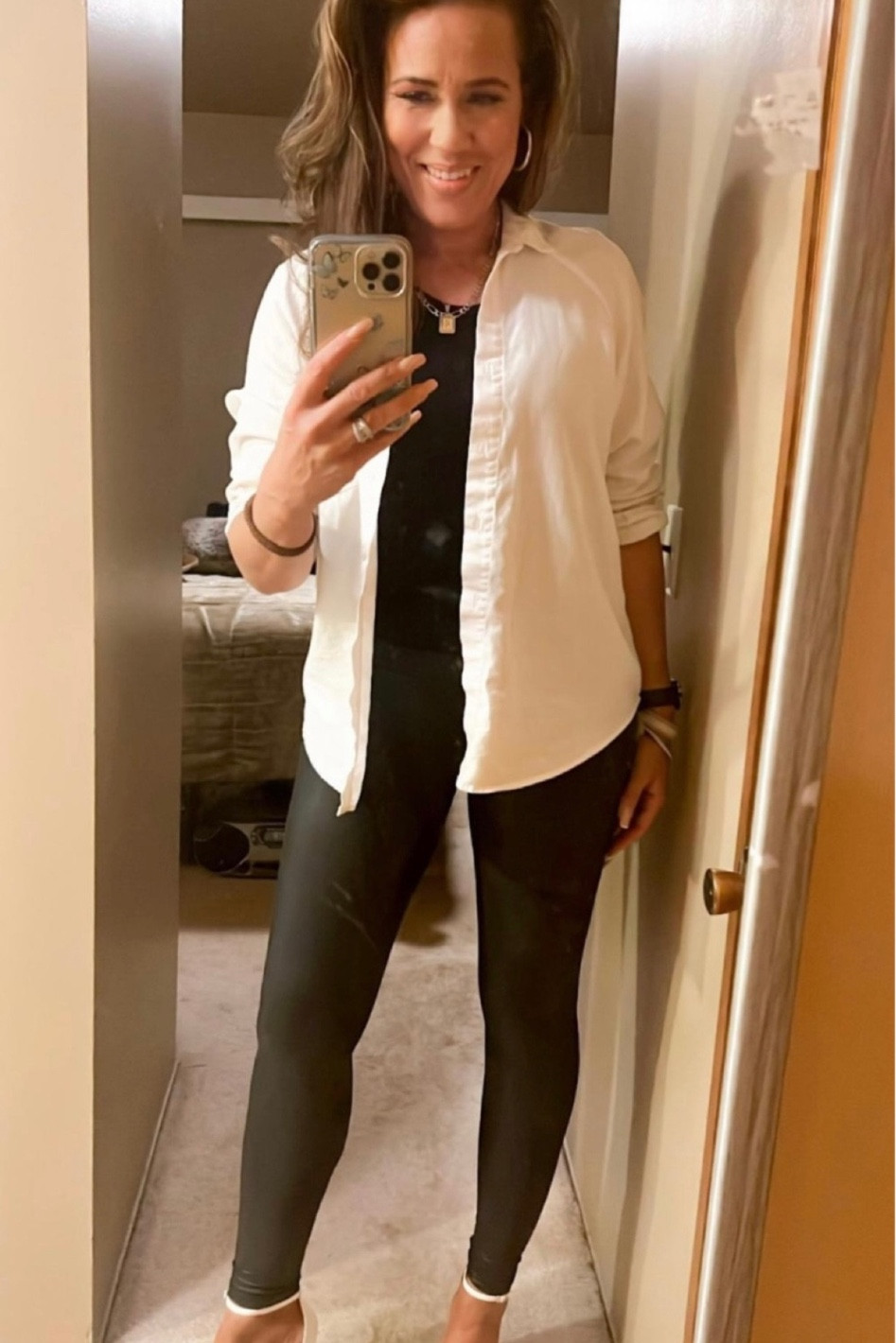 My favorite Spanx faux leather leggings are part of the NSale! A closet staple every woman needs! Date night, faux leather leggings, best leggings that flatter every shape! Ribbed tank, linen shirt, white sandals, date night look, date night inspo, Spanx leggings, gold hoops, initial necklace, NSale, Nordstrom Anniversary Sale, @nordstrom #LaidbackLuxeLife

Tank: S
Shirt: S
Leggings: M
Sandals: Run TTS

Follow me for more fashion finds, beauty faves, lifestyle, home decor, sales and more! So glad you’re here!! XO, Karma