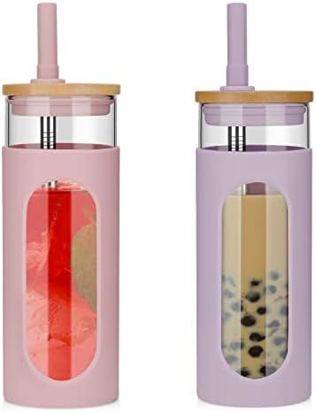 Tronco 22oz Glass Tumbler with Bamboo Lid and Straw, Glass Cup For Boba,Iced Coffee,Smoothie, Spi... | Amazon (US)