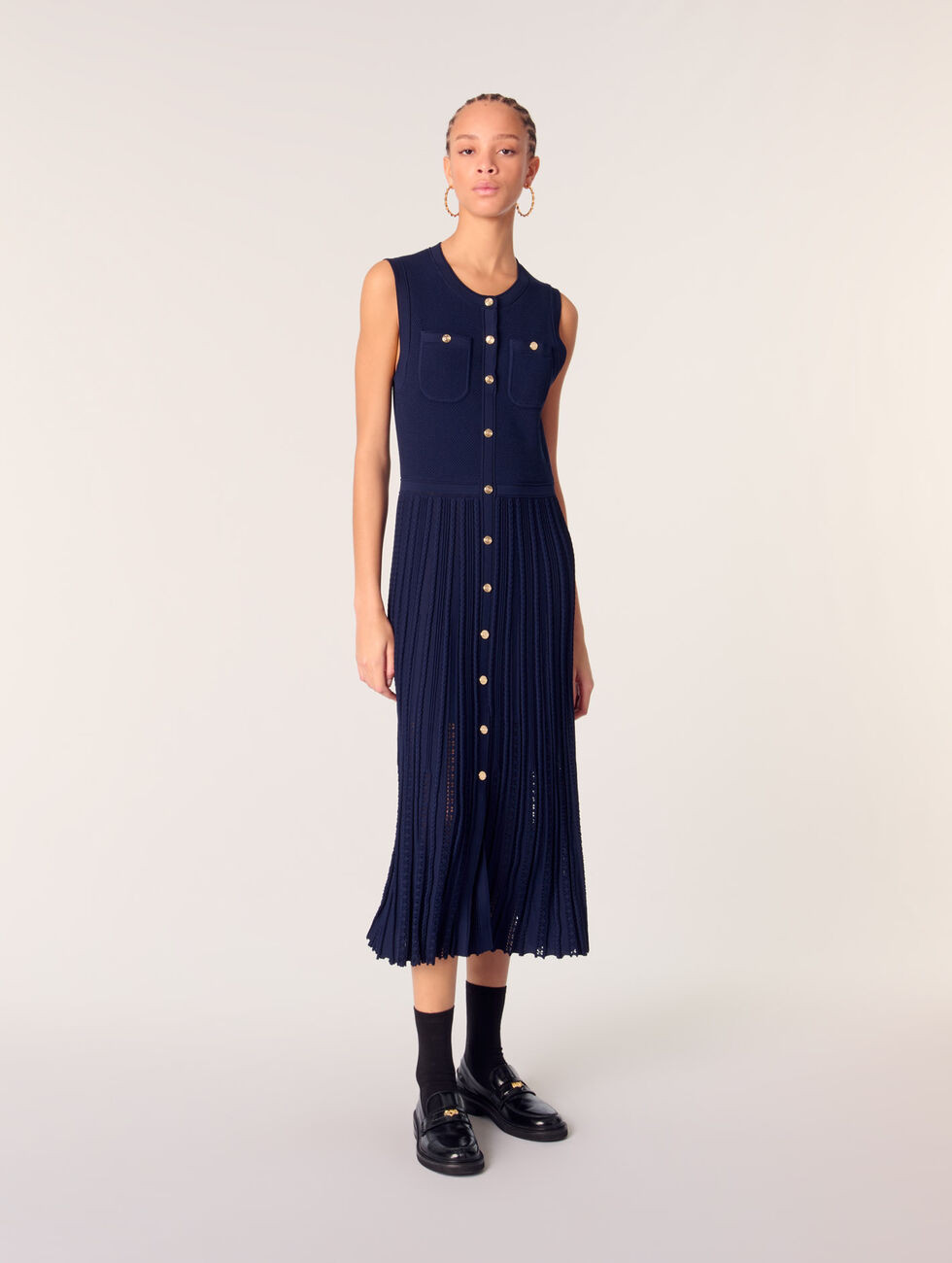 Robe longue plissée en maille bleu pour femme | Maje | Maje EU