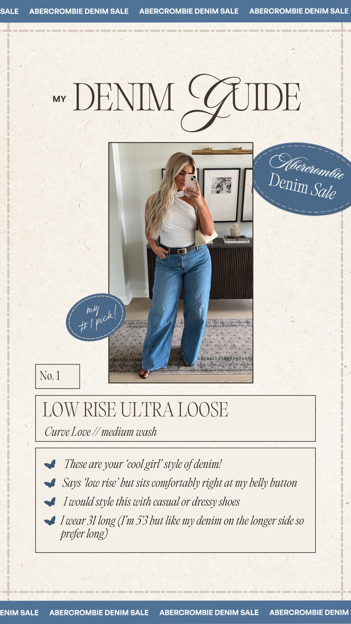 My denim guide is back and updated🩵 love reviewing the new & old styles from Abercrombie a few times of year for you guys!! These are my top pair out of all I’m sharing today! All the details are on the graphic

All denim is 25% off + additional 15% with code ‘DENIMAF’ 

Everything else is 15% off + additional 15% with code ‘DENIMAF’

#abercrombie #denim #fallfashion #sale #jeans 

#LTKxAF #LTKMidsize #LTKSaleAlert