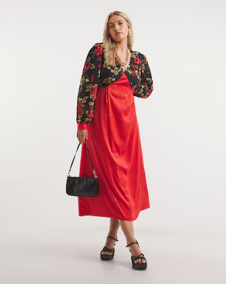 Lovedrobe Rose Satin Mix Printed Midi Dress | Simply Be (UK)