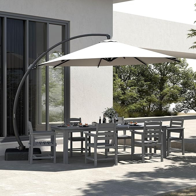 Grey 7-Piece Outdoor Dining Set with Beige 11FT Cantilever Umbrella, 75.2'' HDPE Table & Chairs f... | Amazon (US)