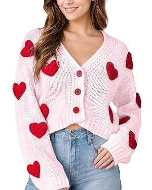 Women Valentines Day Cropped Cardigan Sweaters Love Heart Printed Open Front Button Down Knit Swe... | Amazon (US)