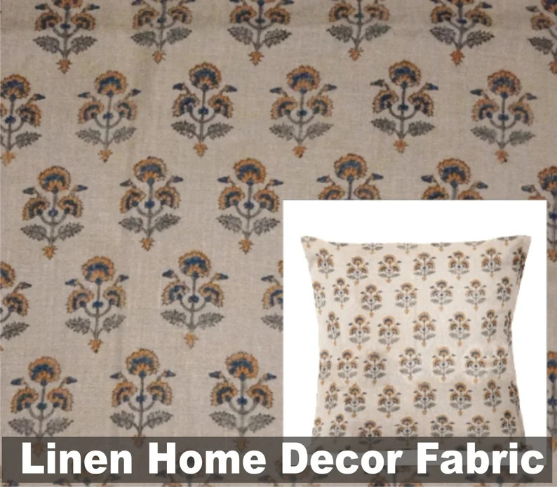 Home decor Linen ,Hand Block print on Thick Linen 300 GSM- 58" Wide| By the yard,Floral pattern-f... | Etsy (US)