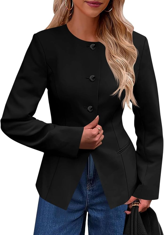 Cicy Bell Womens Business Casual Fitted Blazers Collarless Split Hem Work Office Button Down Suit... | Amazon (US)