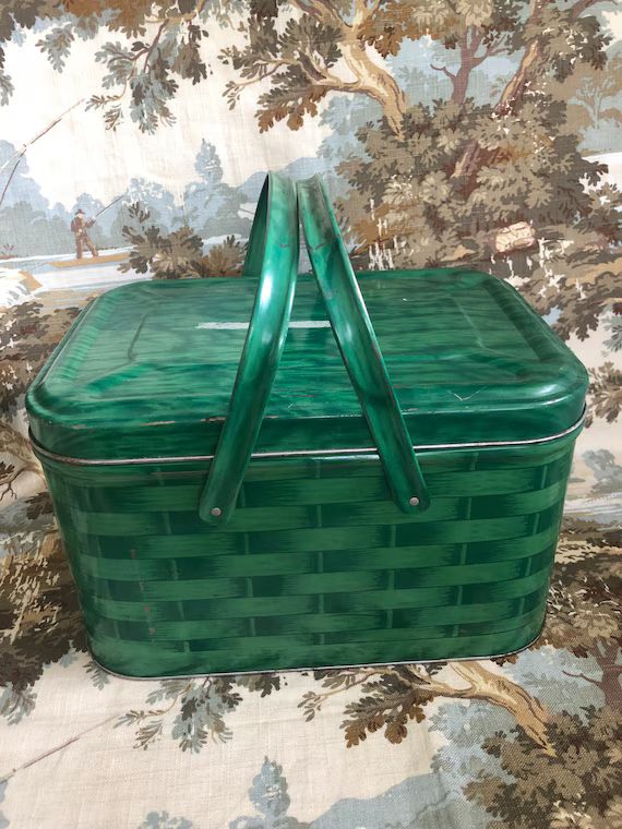 Vintage Green Plaid Metal Picnic Basket, Green Handles, Picnic, Lunch, To Go, Storage, Metal, Tin... | Etsy (US)
