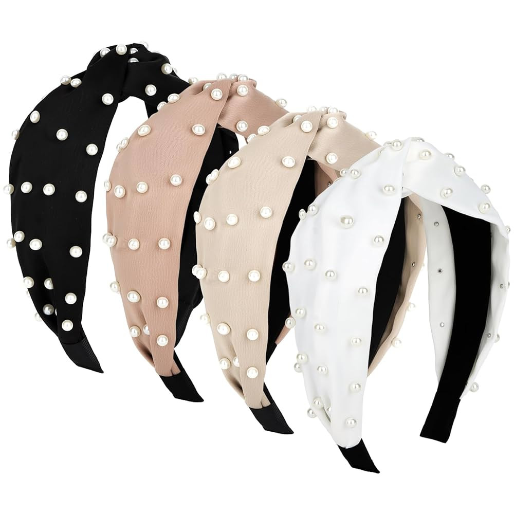 Jaciya Women's 4 Pack Pearl Headbands for Girls - Knotted Beaded Headbands - Black, Khaki, Beige,... | Amazon (US)