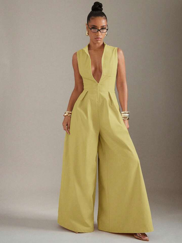 Hauture Extreme Wide Leg Zip Front Sleeveless Jumpsuit | SHEIN