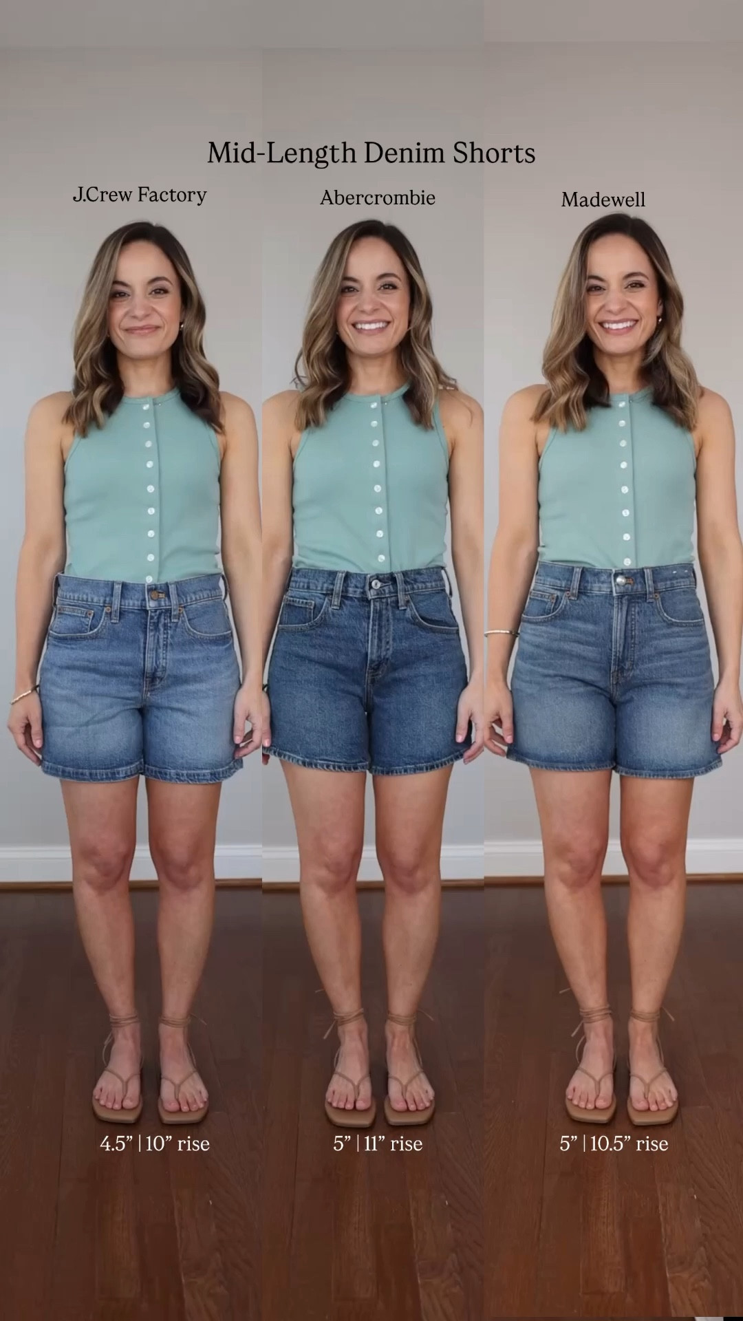 A side by side look at a few mid length denim shorts that are petite-friendly! 

J.Crew Factory: 25 - sized up for a roomy comfortable fit | 10” rise | 4.5” inseam (most comfortable) 
Abercrombie: 25 - sized up for a comfortable fit | 11” rise | 5” inseam 
Madewell: 25 - sized up, runs small | 10.5” rise | 5” inseam 

Top (J.Crew): xxs 
Sandals (Tkees): true to size 

My measurements for reference: I’m 4’10” and 105lbs. My bust, waist, and hip measurement is 32”, 24”, and 36”.

#LTKPetite