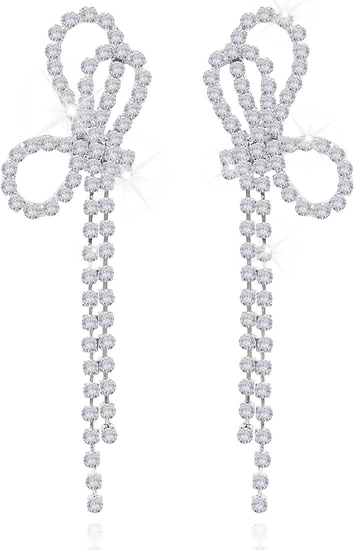 Silver Bow Earrings for Women Rhinestone Tassel Earrings Long Crystal Earrings Party Chain Dangle... | Amazon (US)
