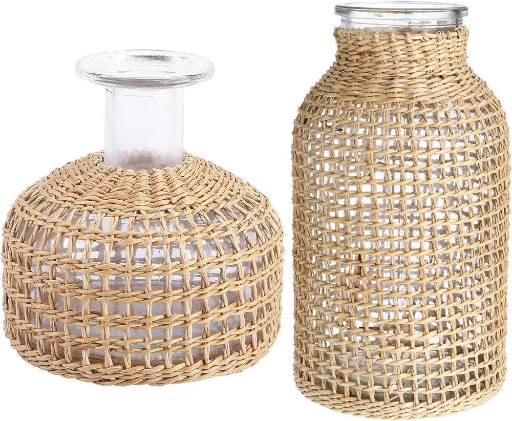 DOITOOL Glass Flower Vase with Rattan Cover, Farmhouse Flower Bud Vase, Round Decorative Flower V... | Amazon (US)