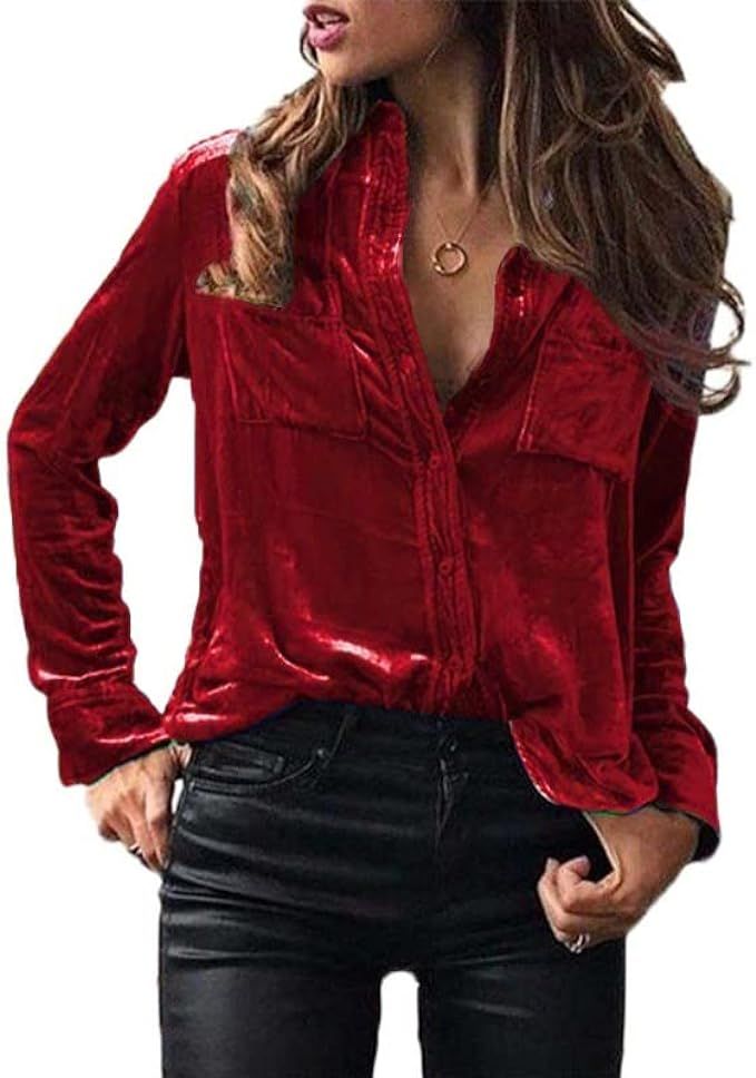 Womens Vintage Velvet Top Winter Fall Casual Long Sleeve Button Down Shirts Blouses with Pockets | Amazon (US)