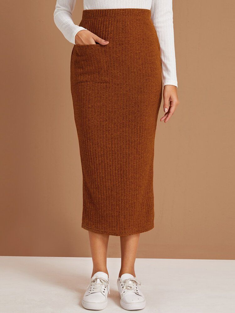 Pocket Front Split Hem Rib-knit Pencil Skirt | SHEIN