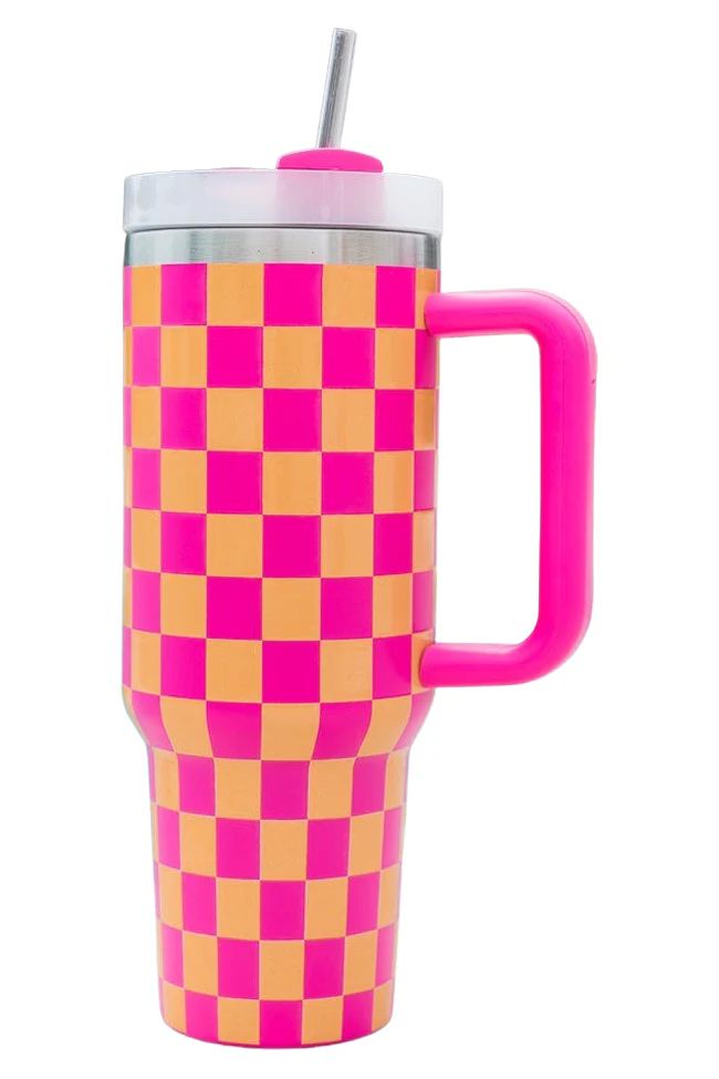 Sippin' Pretty Pink and Orange Checkered 40 oz Drink Tumbler With Lid And Straw SALE | Pink Lily