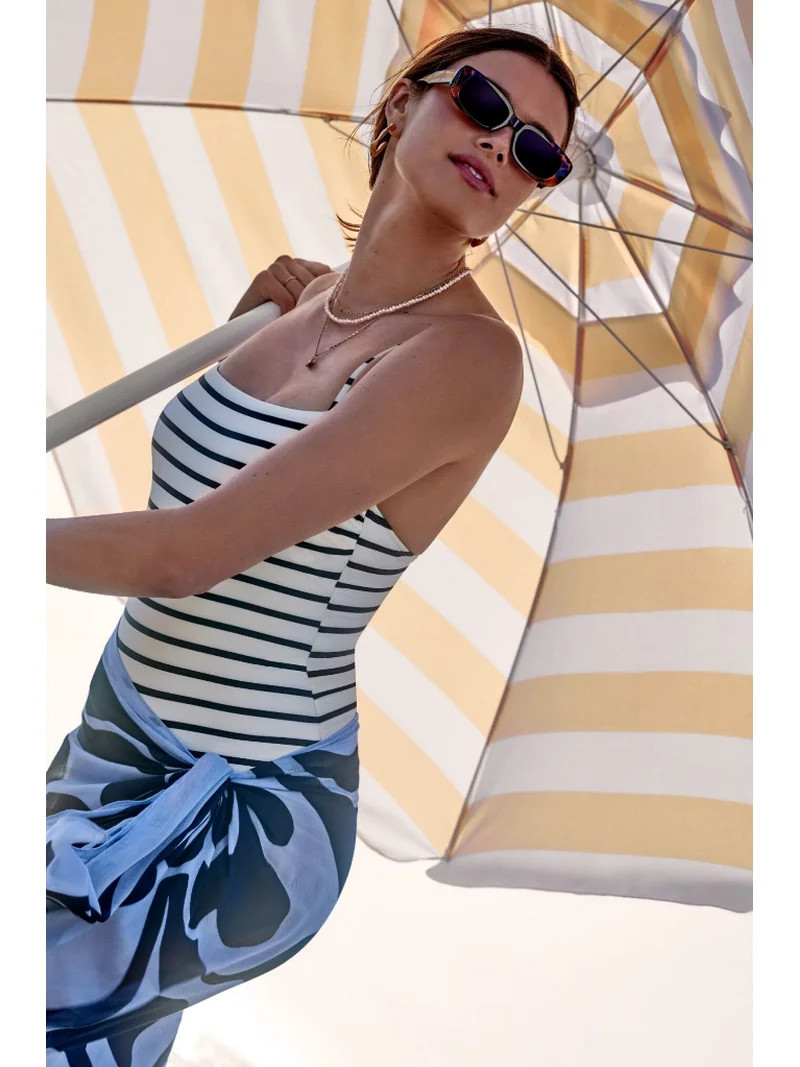 Time and Tru Women's and Women's Plus Size Striped Square Neck One Piece Swimsuit, Sizes XS-3X | Walmart (US)