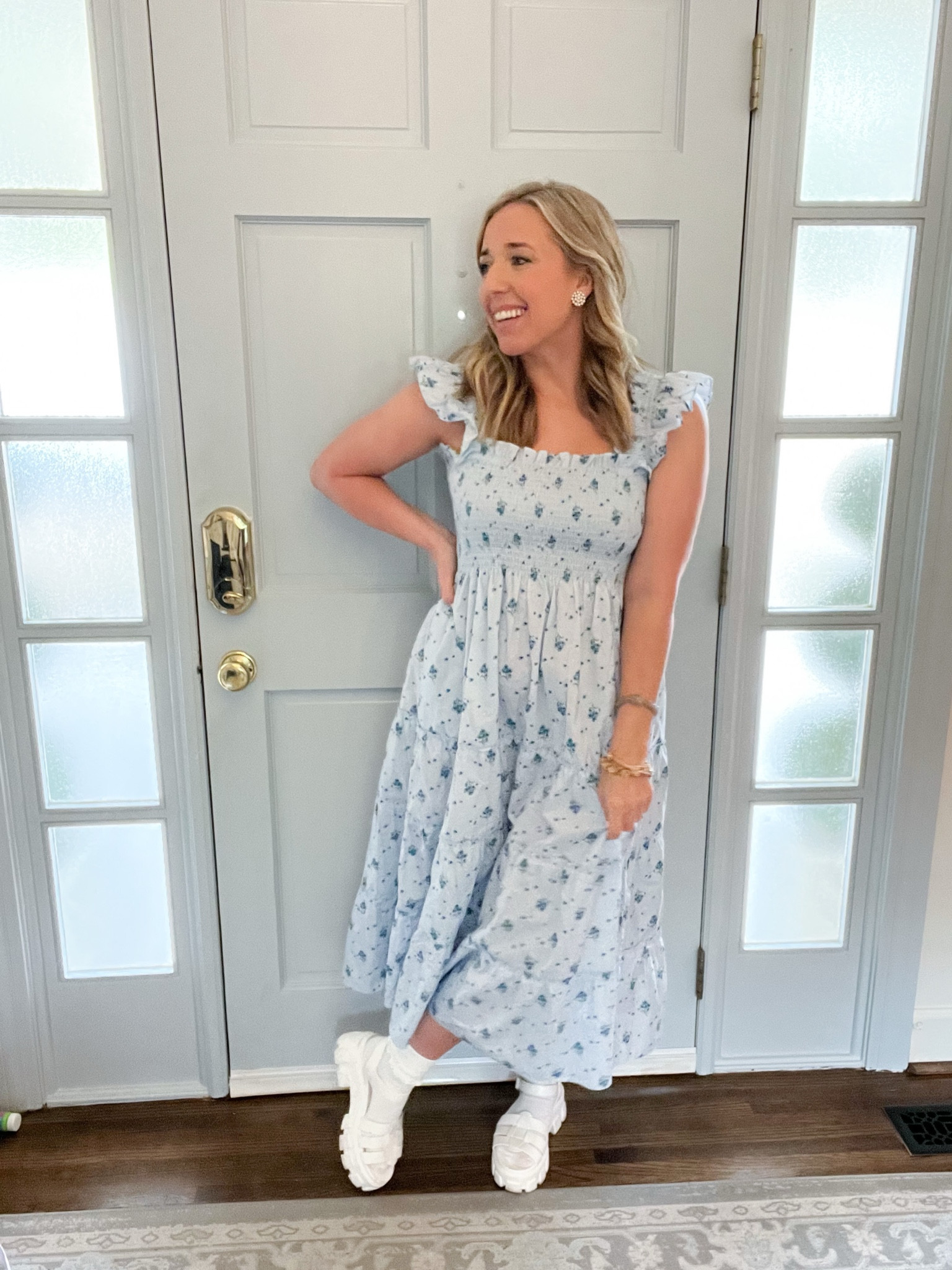 Easter dress blue and white ditzy floral nap dress hill house Prada fisherman sandals 90s style women’s fashion 

#LTKshoecrush #LTKunder100 #LTKstyletip