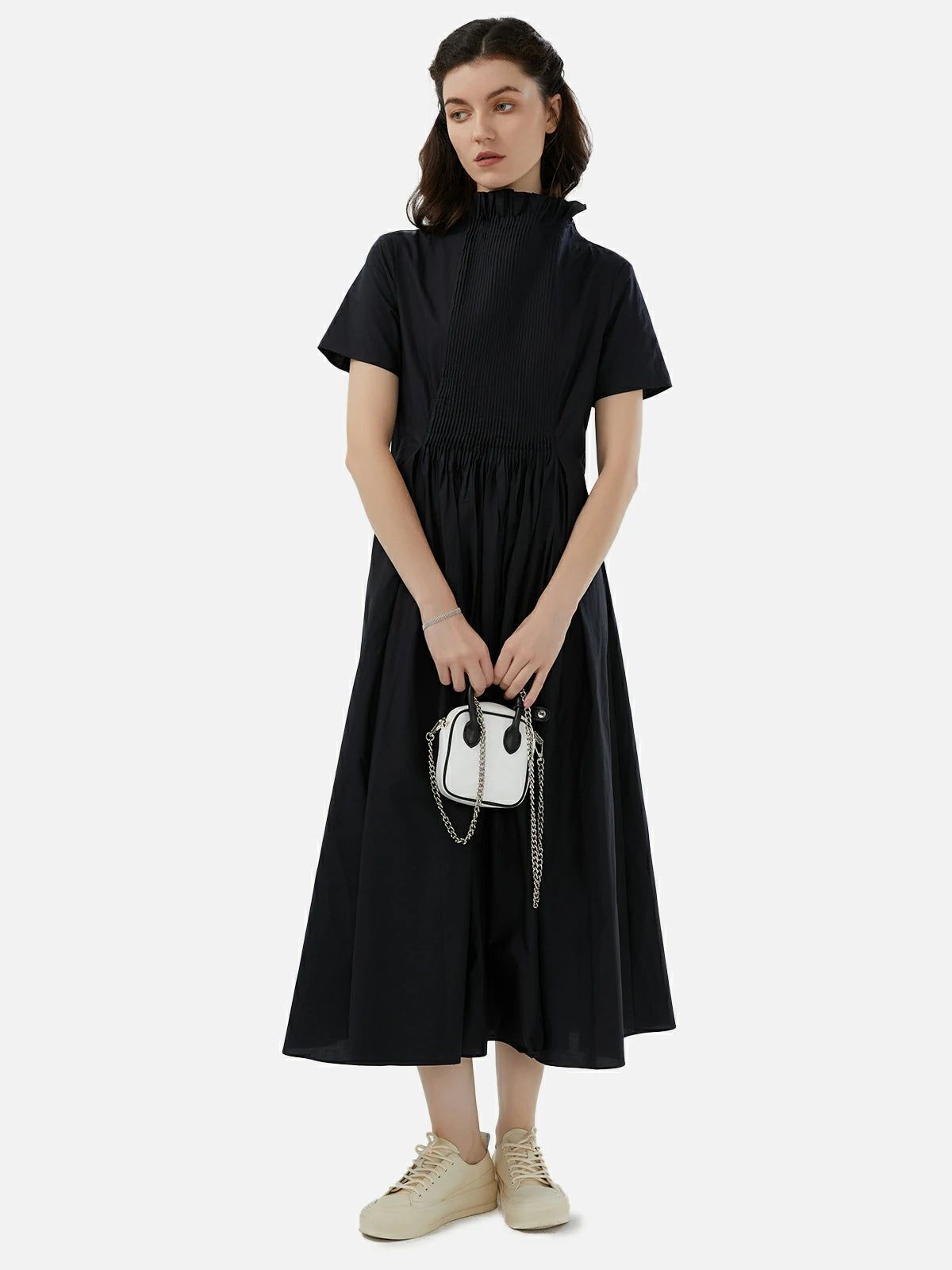 Vintage Pleated Waist Stand Collar Dress | SDEER