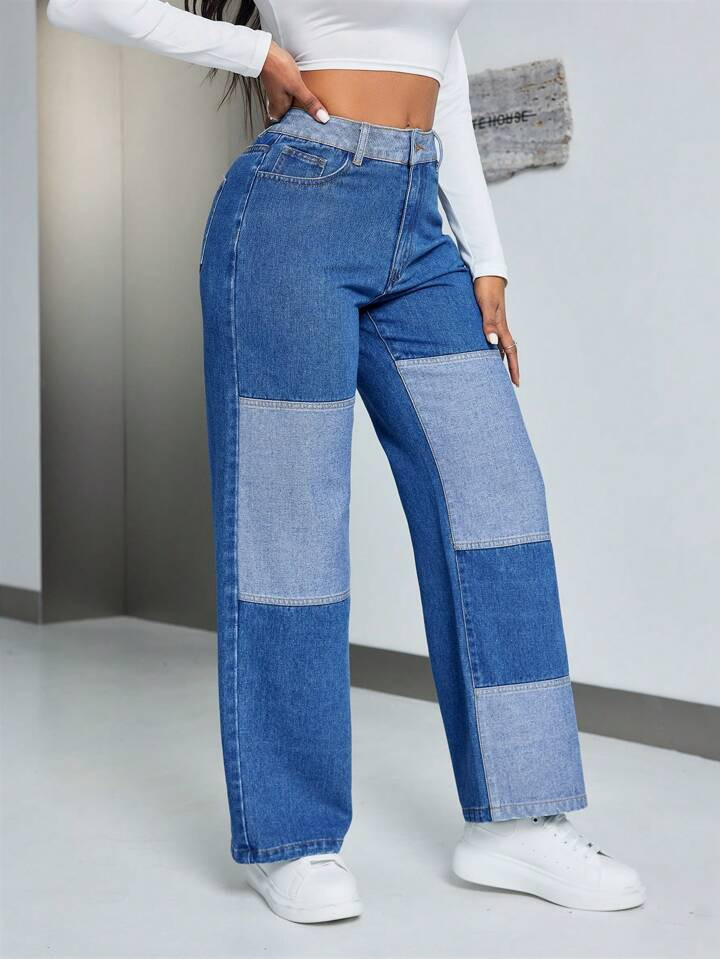 SHEIN SXY Women's Color Block Straight Leg Jeans | SHEIN