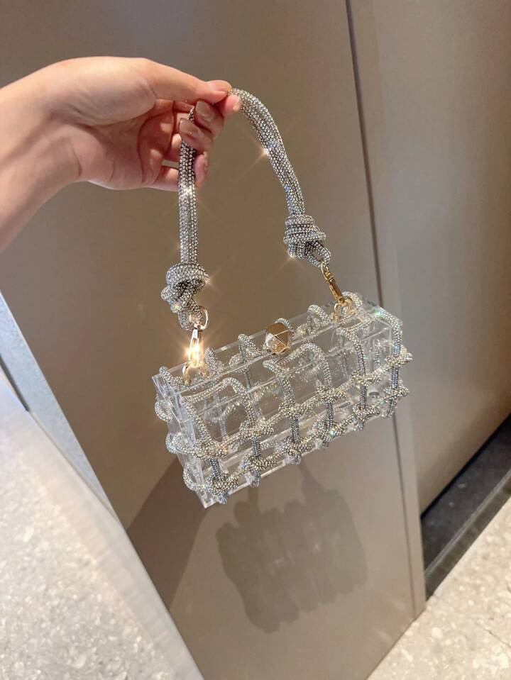 Women'S Fashionable Shiny Rhinestone & Rope Decor Translucent Acrylic Square Clutch, Perfect For ... | SHEIN