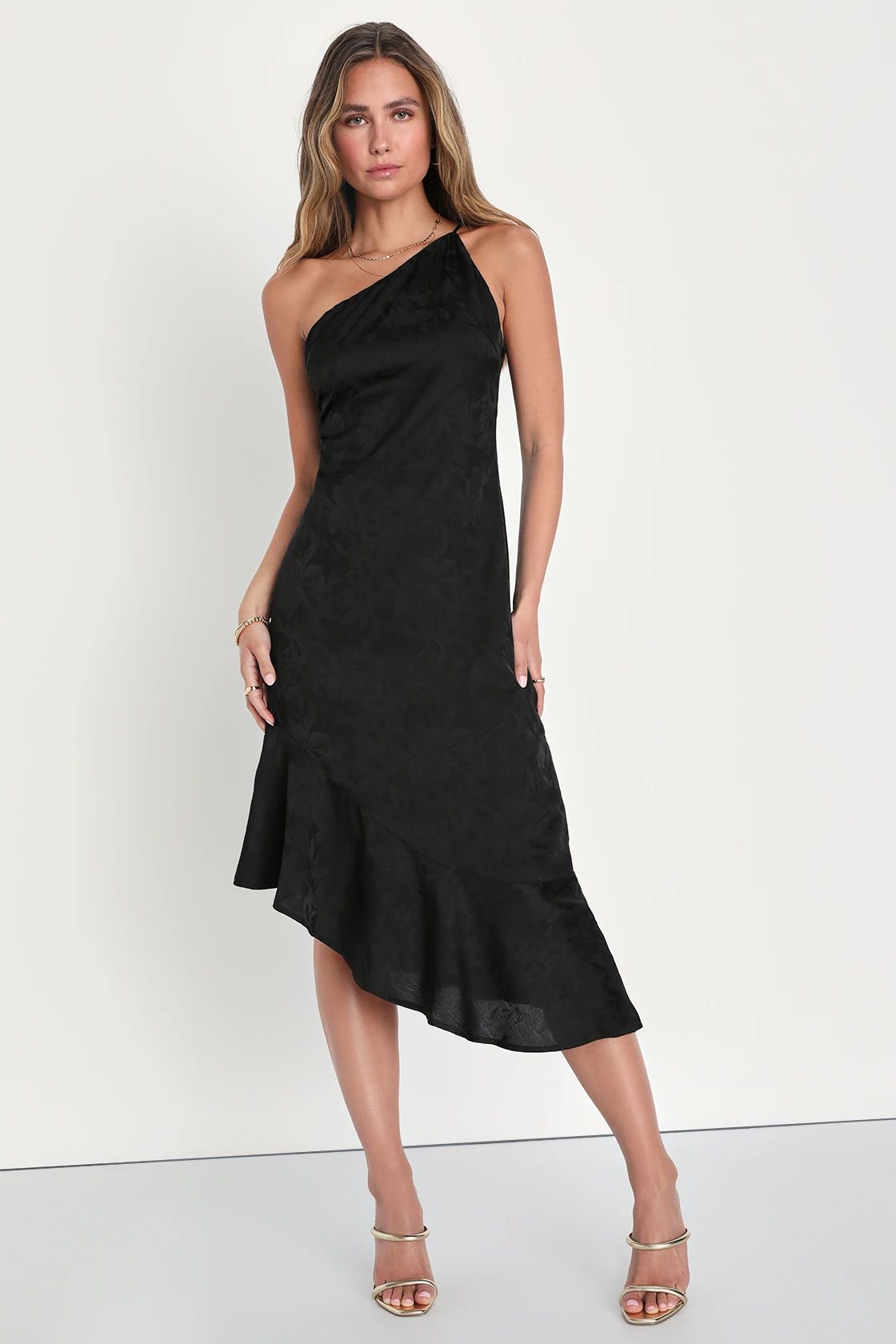 Sweet and Stylish Black Floral Jacquard One-Shoulder Midi Dress | Lulus (US)