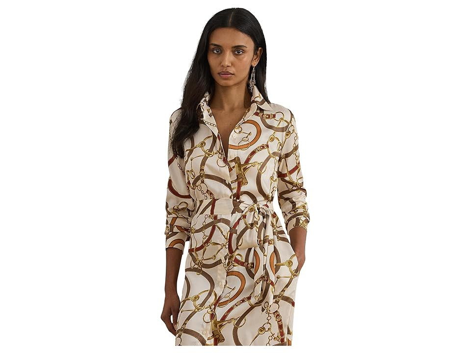 Lauren Ralph Lauren Belting-Print Twill Shirtdress Women's Dress Cream : 14, Polyester | Zappos