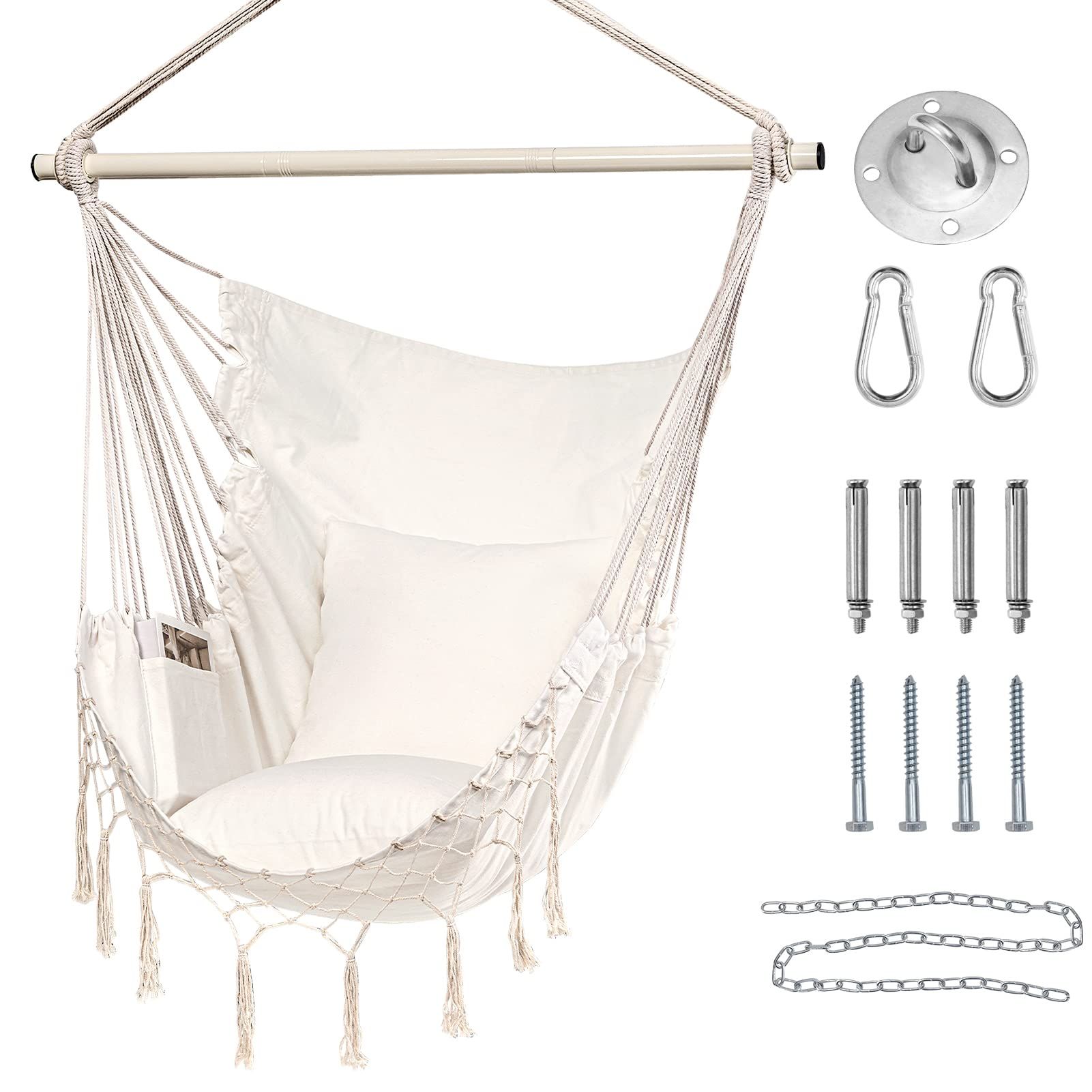 HBlife Hammock Chair, Max 330 Lbs, 2 Pillows Included, Beige Hanging Chair with Pocket and Macrame,  | Amazon (US)
