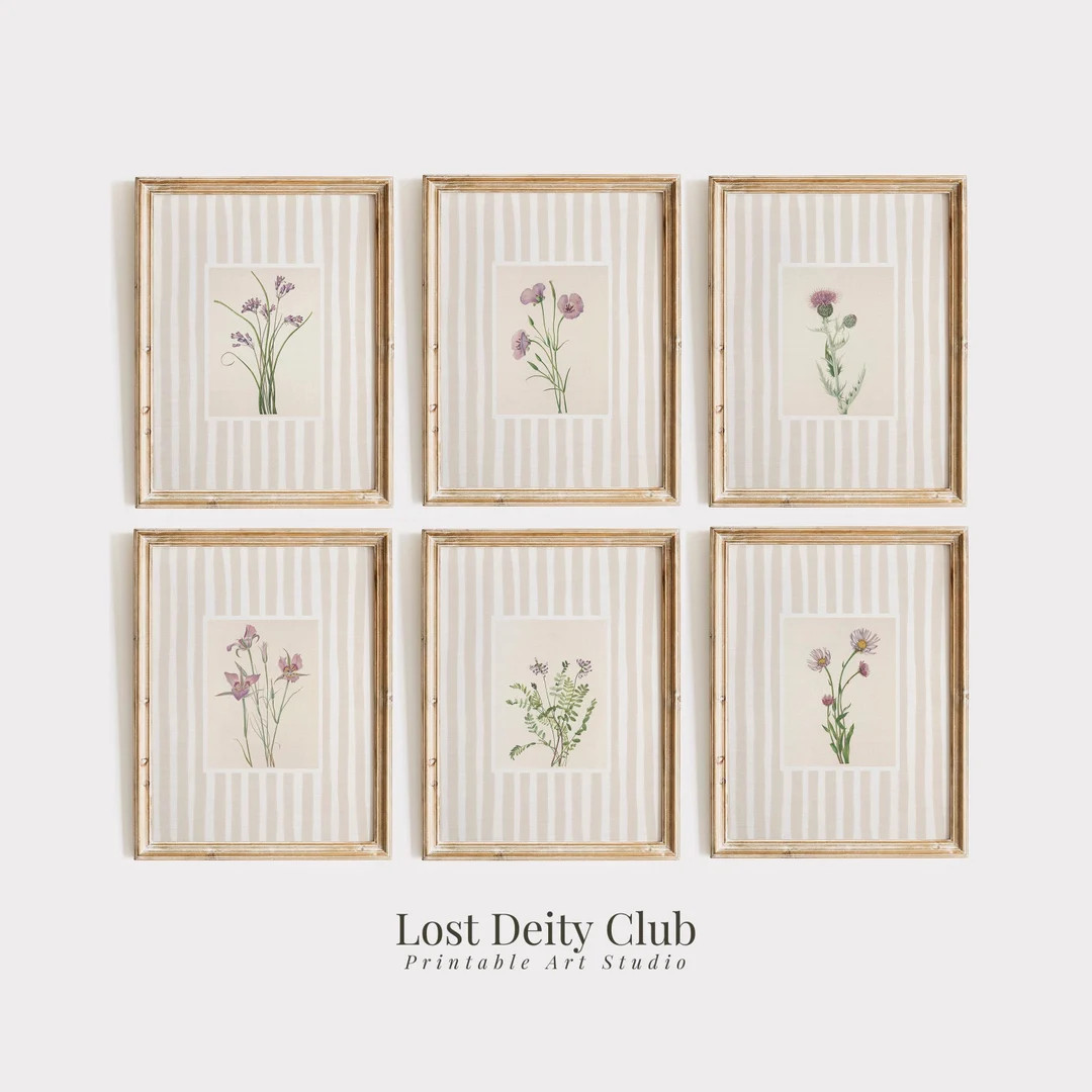 Beige Striped Floral Art Print Set of 6, Cottagecore Botanical Prints, Neutral Gallery Wall Art S... | Etsy (US)