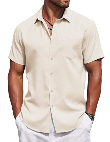 COOFANDY Mens Linen Shirts Button Down Short Sleeve Shirt Summer Beach Wear Stylish Solid Casual Vacation Wedding Shirts A-Beige | Amazon (US)